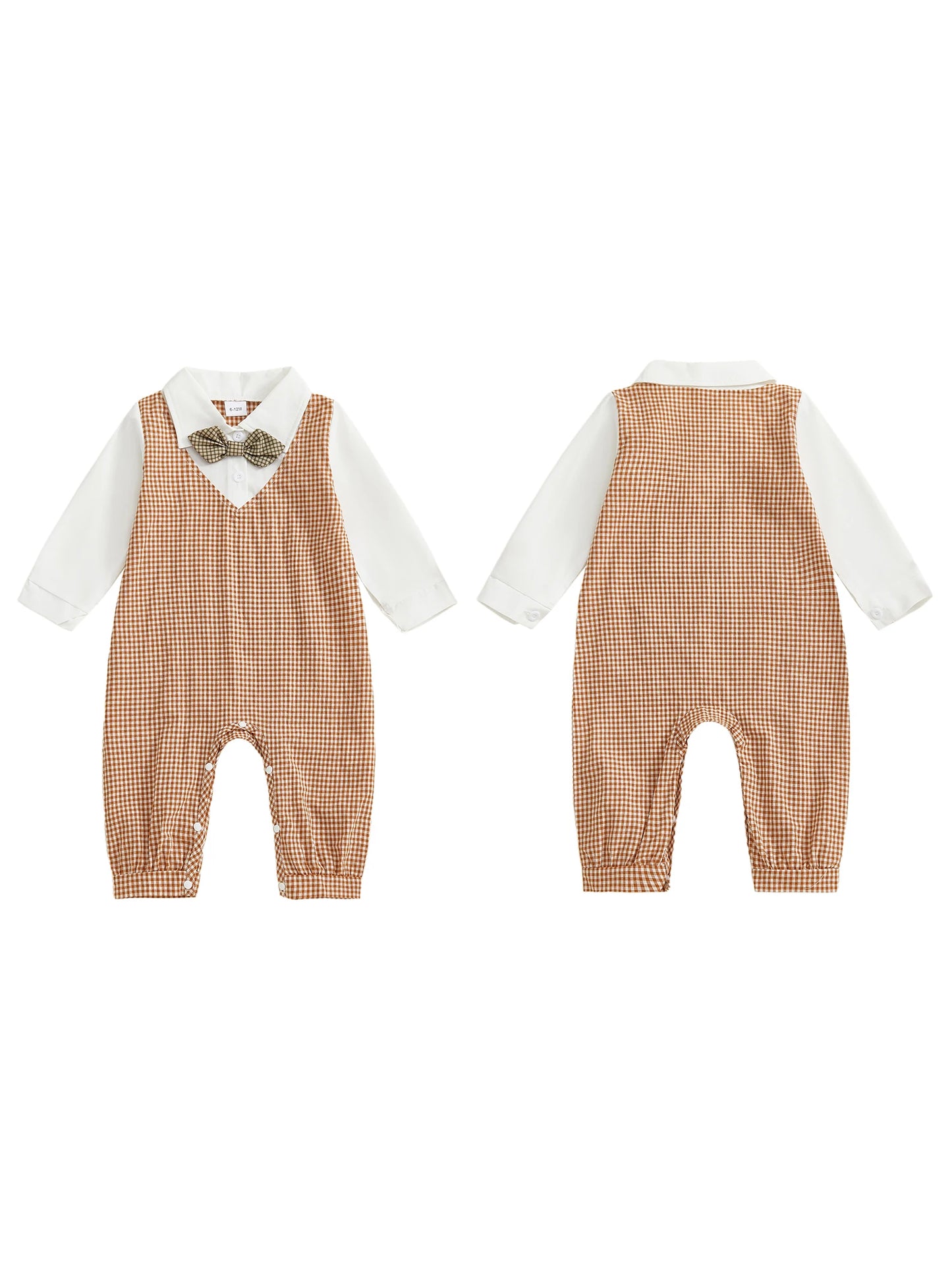 Newborn Baby Boy Romper Gentleman Plaid Print Long Sleeve Turn Down Collar Full Length Jumpsuit