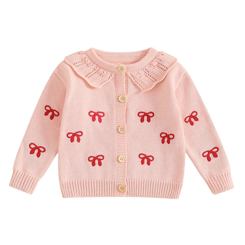 Valentine's Day Toddler Girls Fall Knit Cardigans Embroidery Bow Pattern Button Down Long Sleeve Crew Neck Baby Sweater Jackets