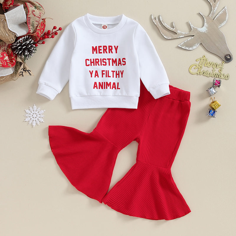 Baby Girl Christmas Clothes Letter Print Long Sleeve Sweatshirt Solid Flare Pants Outfit
