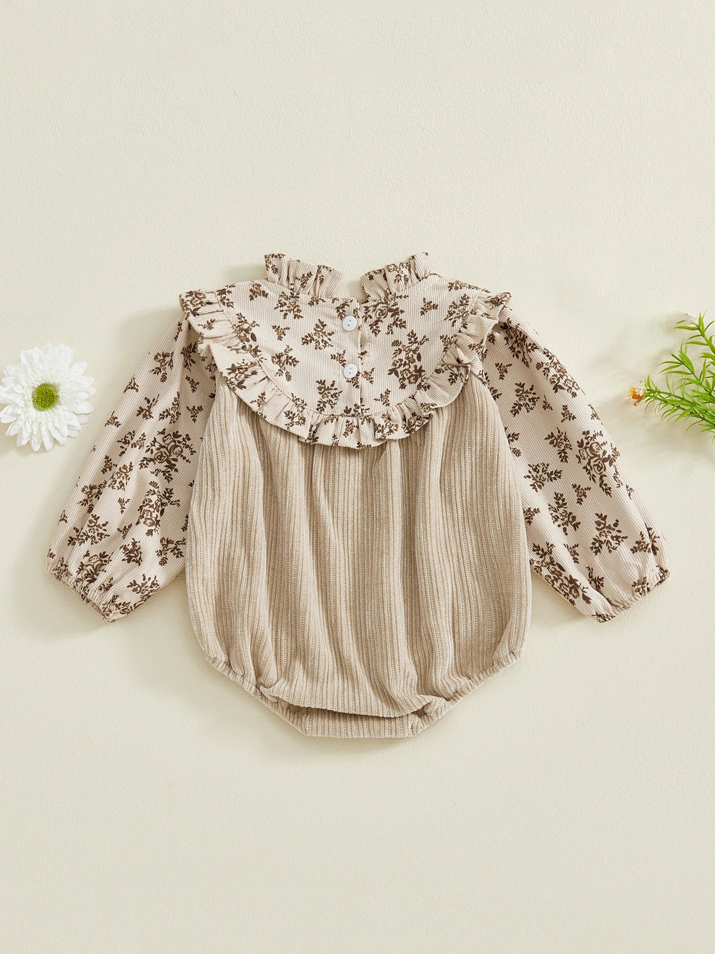 Baby Girls Fall Romper Floral Print Patchwork Long Sleeve Ruffled Frill Mock Neck Ruffled Jumpsuit