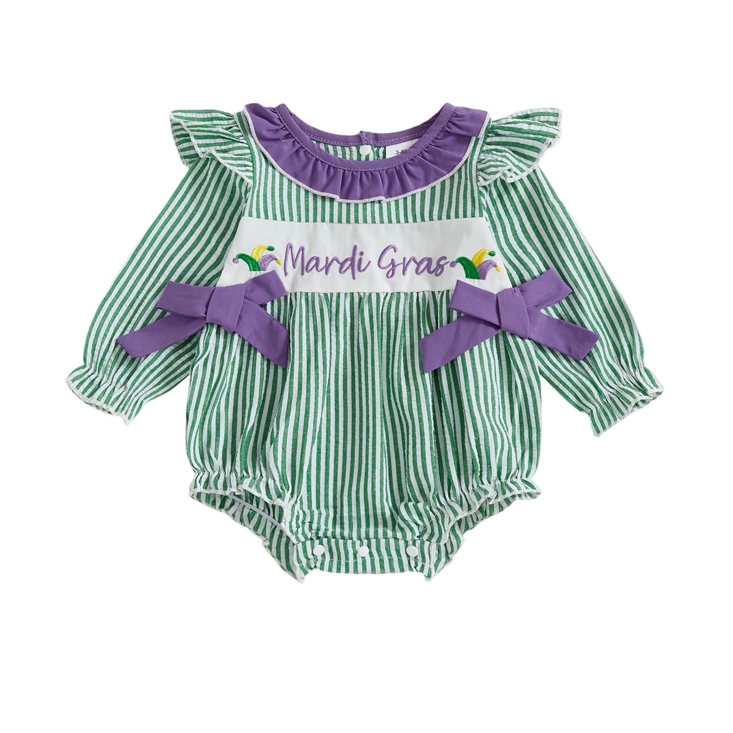 Baby Girls Mardi Gras Bubble Romper Fashionable Cute Mardi Gras Letters Embroidery Long Sleeve Ruffle Jumpsuit