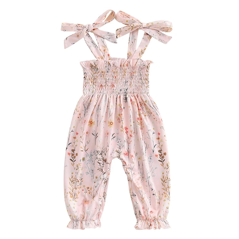 Baby Girls Summer Overalls Jumpsuit Floral Printed Tie-up Shoulder Strap Smocked Full Length Romper