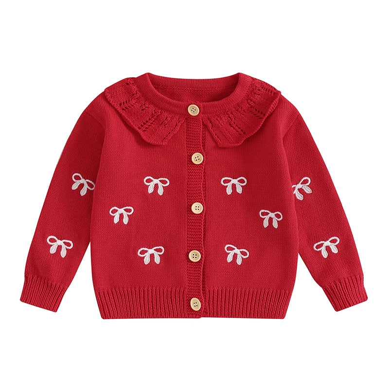 Valentine's Day Toddler Girls Fall Knit Cardigans Embroidery Bow Pattern Button Down Long Sleeve Crew Neck Baby Sweater Jackets