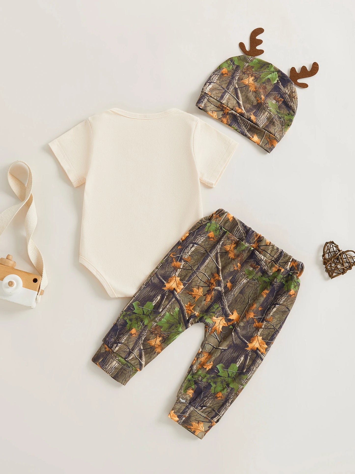 3Pcs BabyOutfits Short Sleeve Romper Camo Pants Hat Set Hunted Clothes