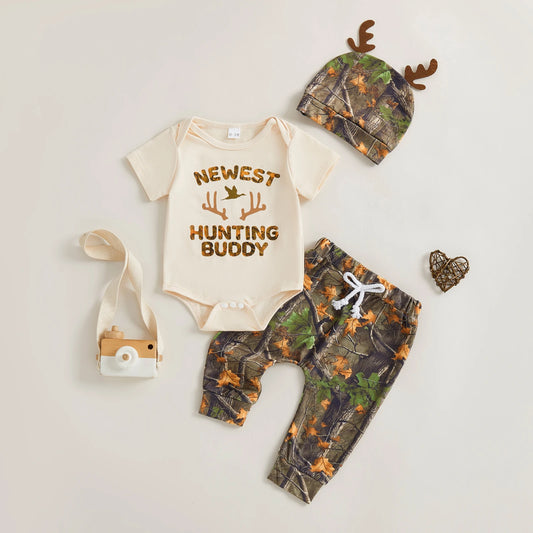 3Pcs BabyOutfits Short Sleeve Romper Camo Pants Hat Set Hunted Clothes