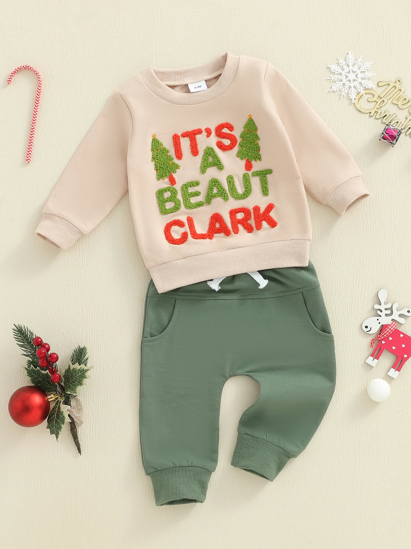 Toddler Baby Boy Christmas 2 Piece Outfits Long Sleeve Crew Neck Letter Embroidery Tops and Elastic Waist Pants Set
