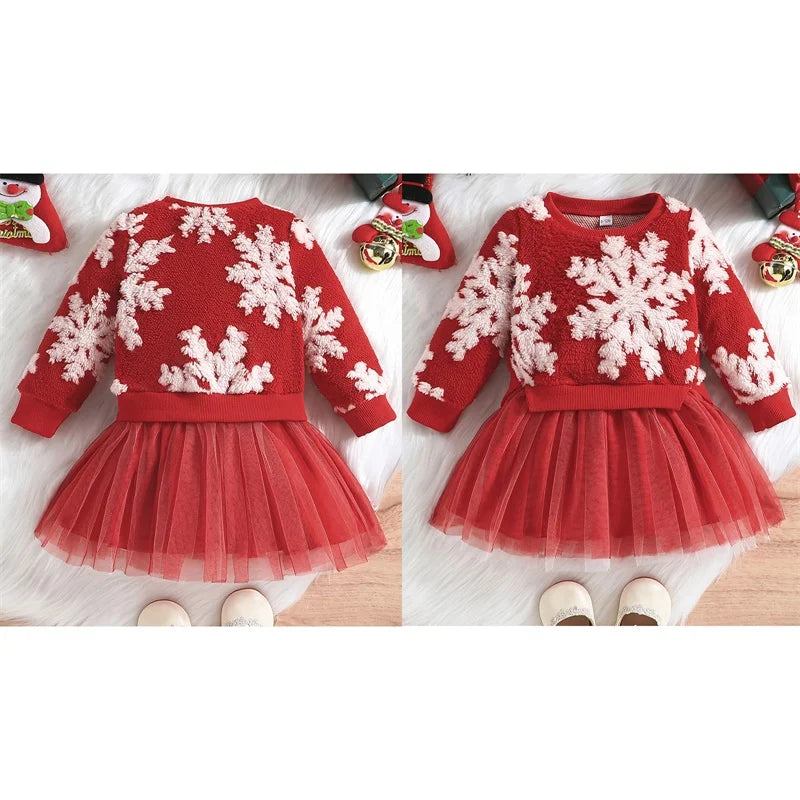 Christmas Tulle Dress Long Sleeve Round Neck Patchwork Party Dress Toddler Sweatshirt Dress