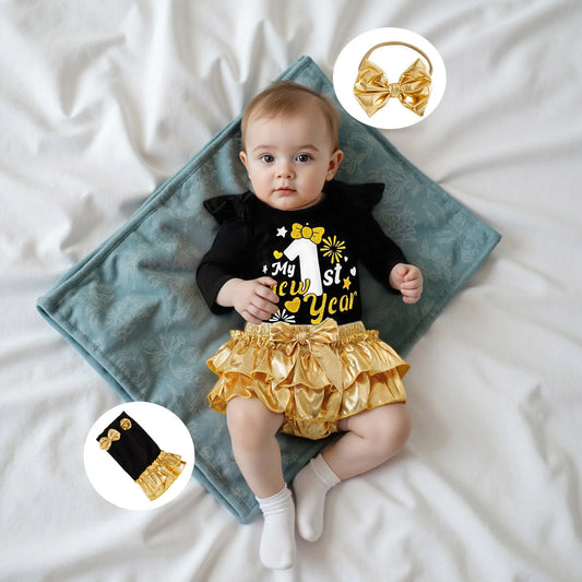 Baby Girl New Year Outfits Letter Long Sleeve Romper Metallic Luster Tiered Shorts Bow Headband Leg Warmer