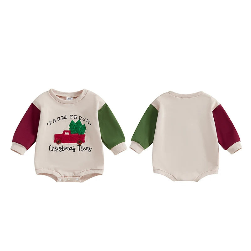 Baby Boys Christmas Jumpsuit Long Sleeve Crewneck Christmas Tree Truck Embroidery Sweatshirt Romper