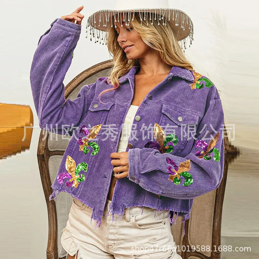 Corduroy Women Mardi Gras Jacket Iris Glitter Cardigan Purple Lapels Single Breasted Spliced Women's Coat Jackets