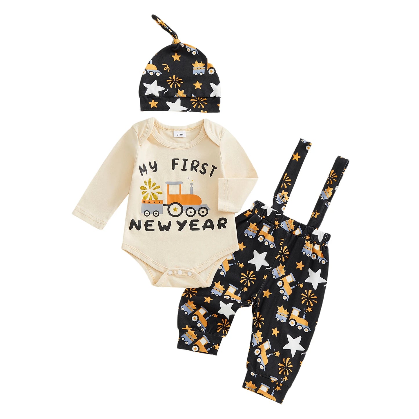 Baby Boy Outfit Long Sleeve Letters Print Romper with Firework Overall Pants and Hat New Year Infant Outfit