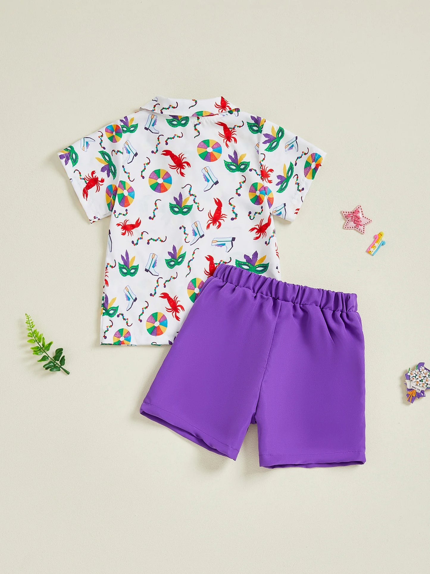Toddler Boy Mardi Gras Outfit Facewear Print Short Sleeve Bowtie Shirt Solid Elastic Waist Shorts 2 Piece Gentleman Set