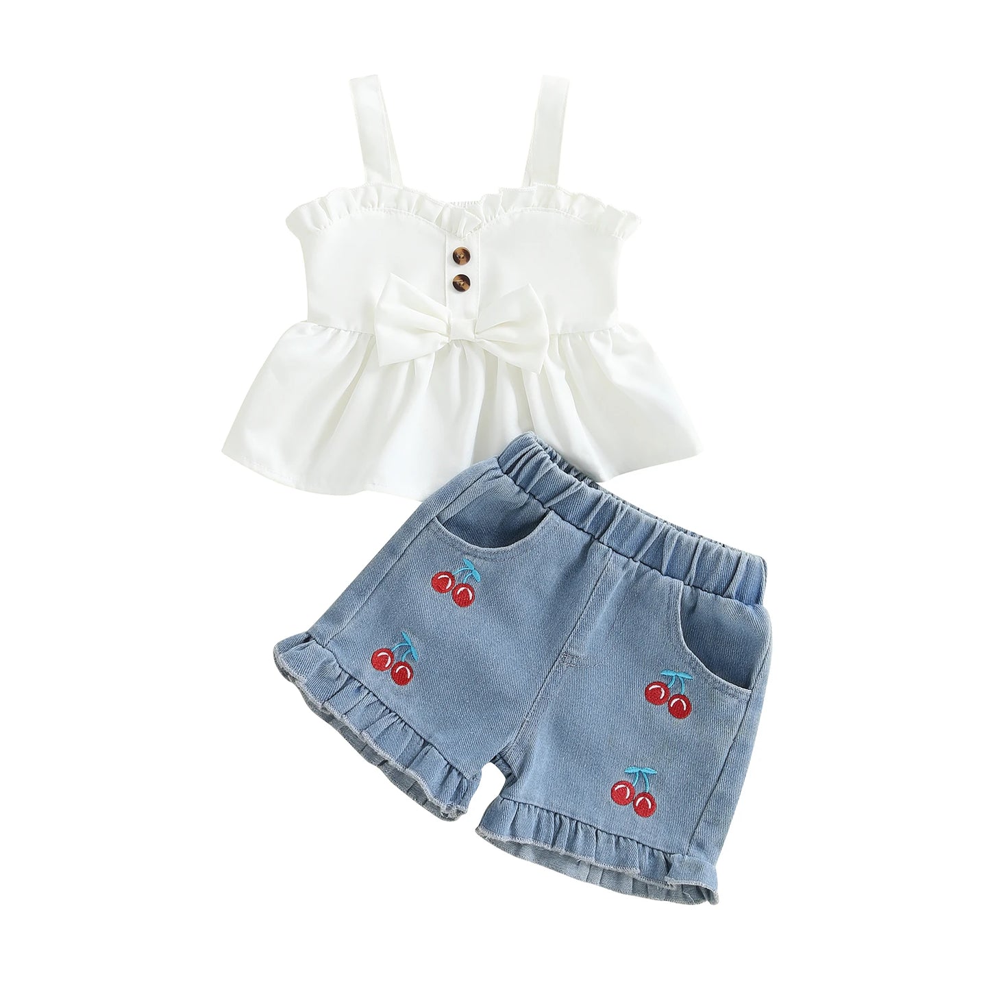 Girls Summer Outfits Bow Sleeveless Camisole and Elastic Cherry Embroidery Denim Shorts Set