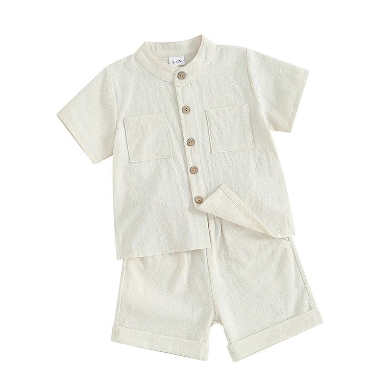 Kids Boys Summer Linen Outfits Solid Color Buttons Short Sleeve Tops and Elastic Waist Shorts 2Pcs Clothes Set