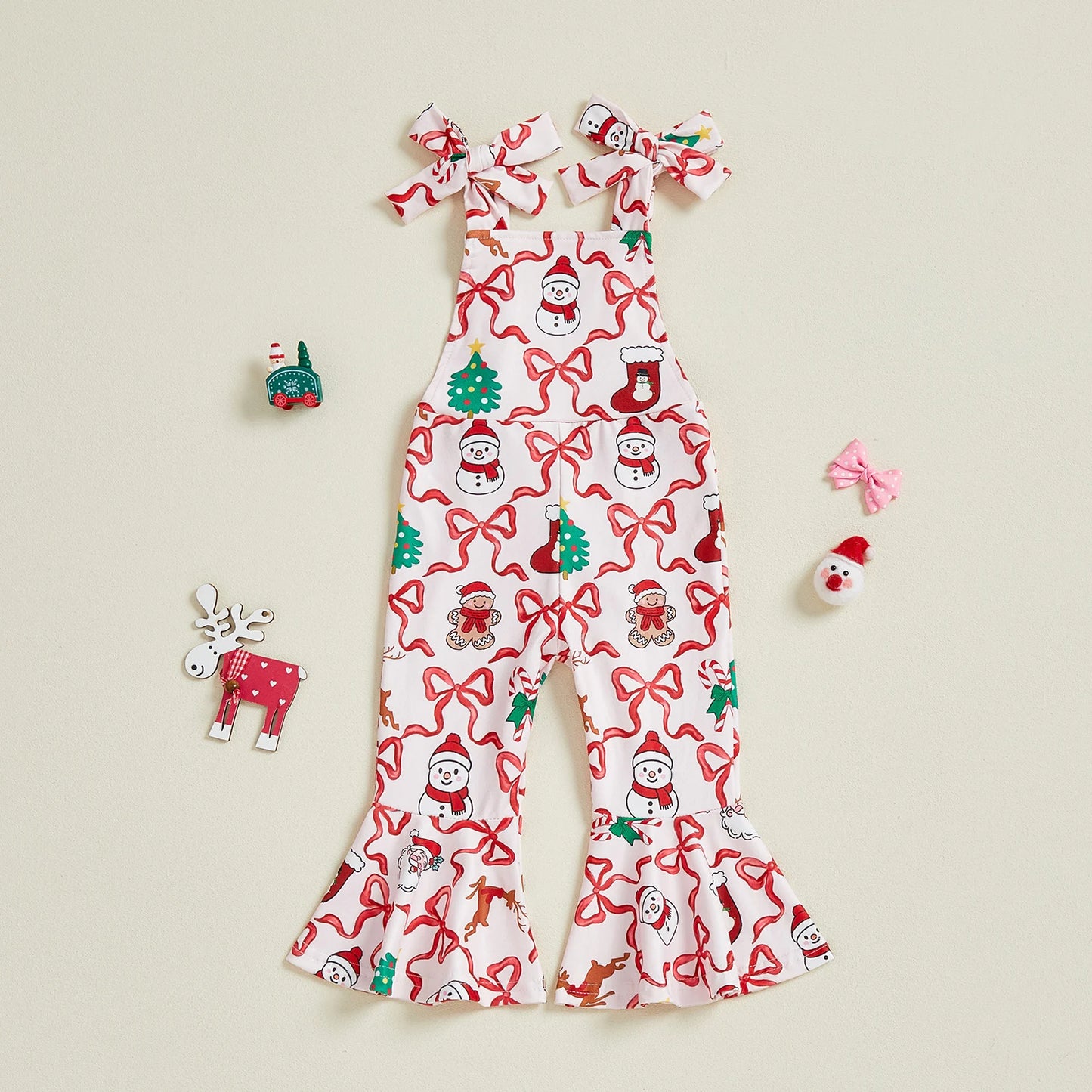 Toddler Girls Christmas Flare Pants Overalls Snowman Bow Print Sleeveless Bell Bottom Romper