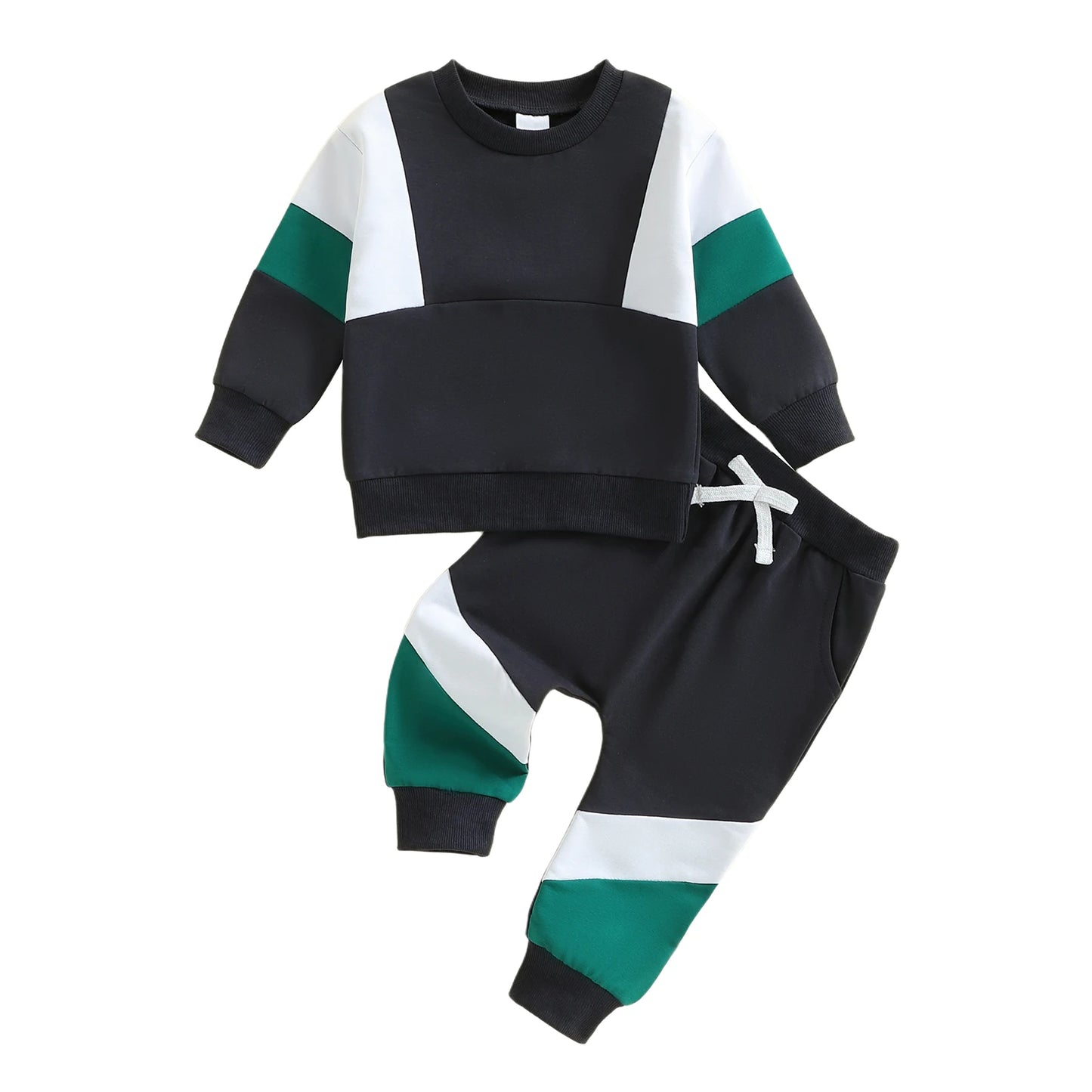 2Pcs Toddler Boy Fall Outfits Long Sleeve Crew Neck Patchwork Pullover Sweatshirt and Joggers Pants Set