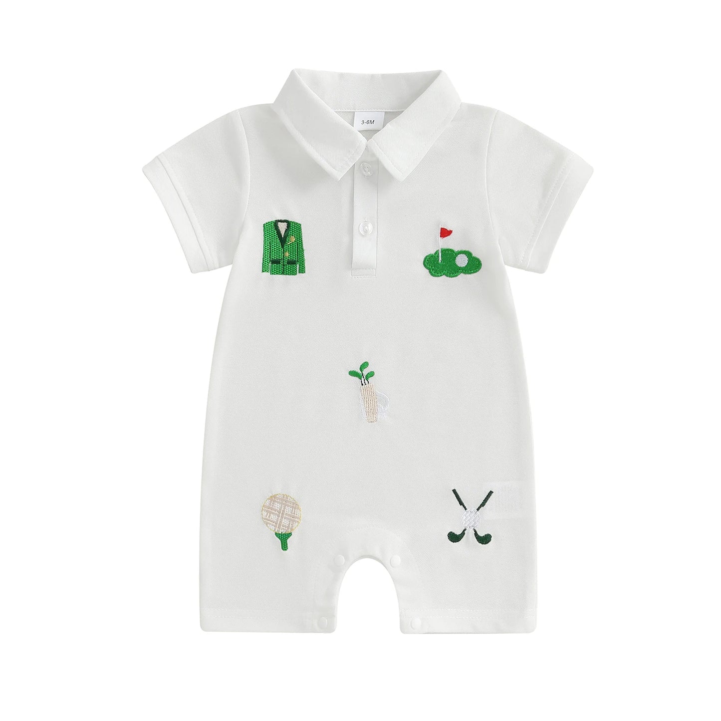 Baby Boys Golf Embroidery Jumpsuit Short Sleeve Turn Down Collar Button Up Casual Romper