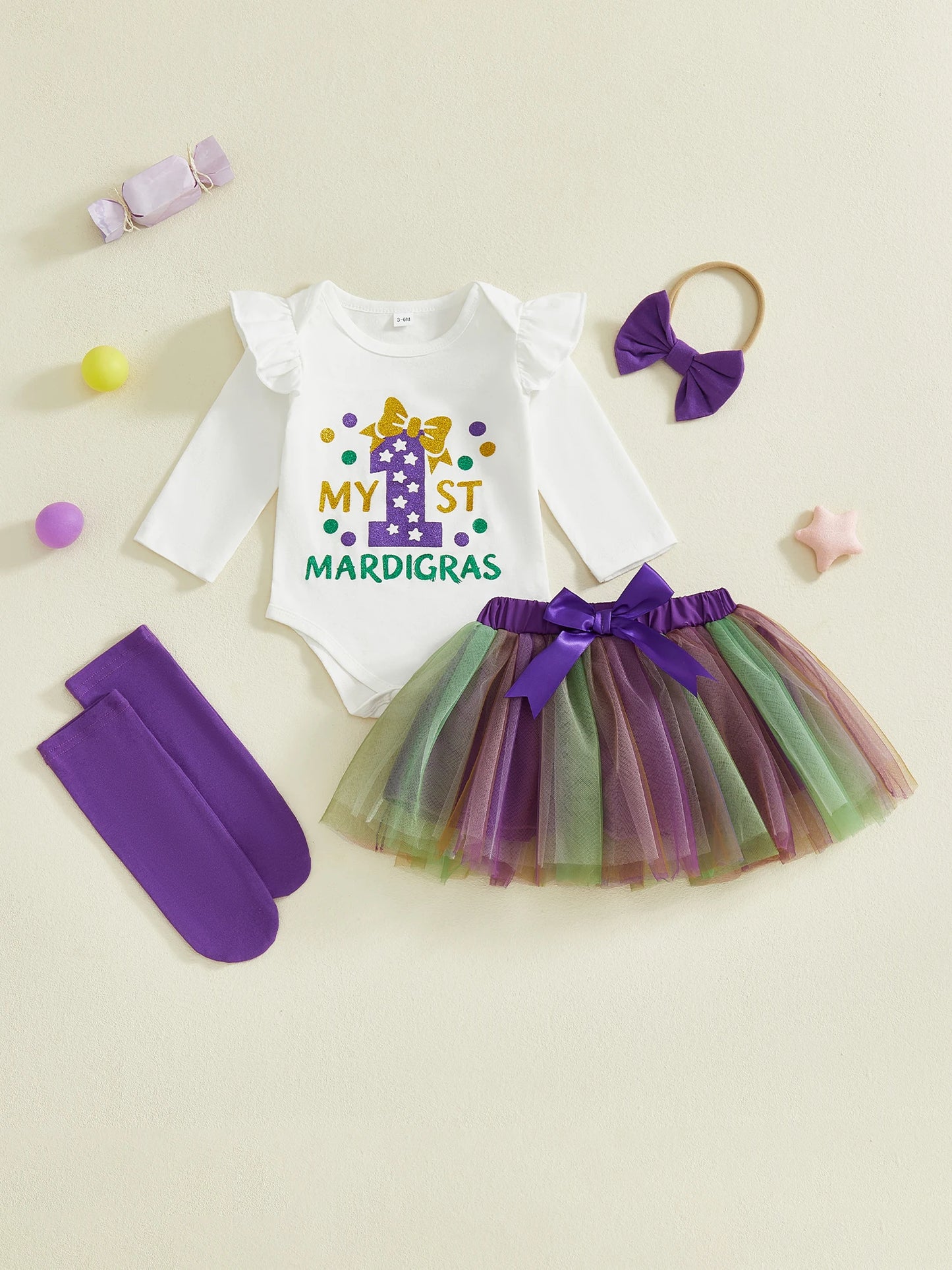 Baby Girl First Mardi Gras Outfit Glitter Letter Long Sleeve Romper Contrast Tulle Skirt Bow Headband and Stocking Set