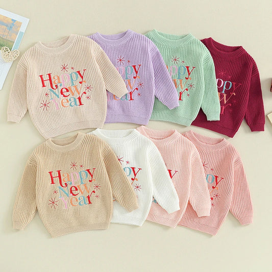 Baby Boy Girl New Year Outfit Long Sleeve Crewneck Letter Embroidery Sweater Tops Infant Winter Clothes