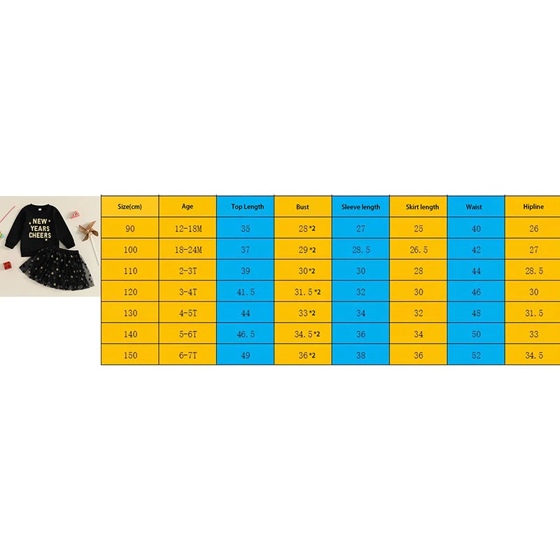 Toddler Kids Girl New Year Skirt Outfit Letter Embroidery Long Sleeve Sweatshirt Glitter Star Print Tulle Skirt Clothing Set