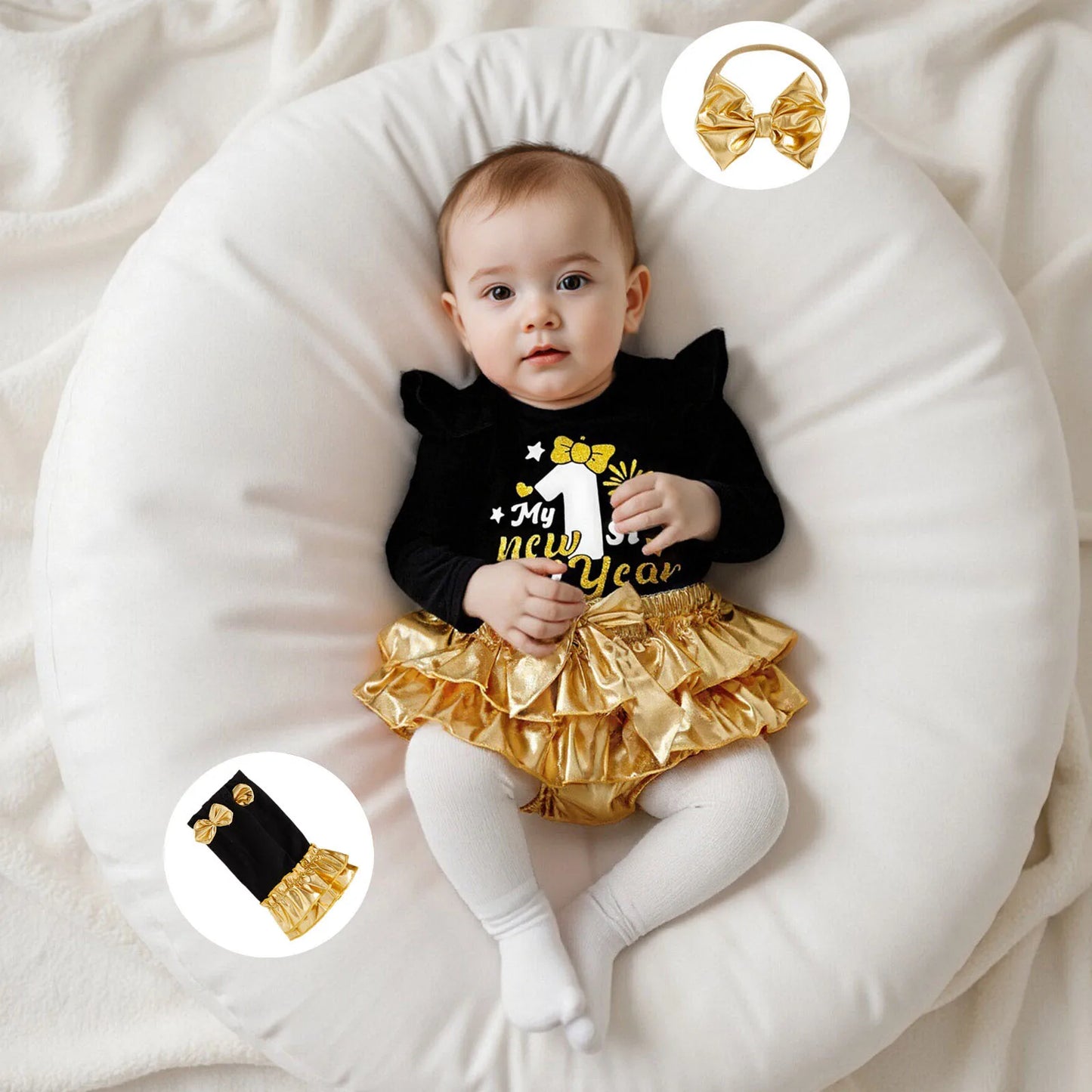 Baby Girl New Year Outfits Letter Long Sleeve Romper Metallic Luster Tiered Shorts Bow Headband Leg Warmer