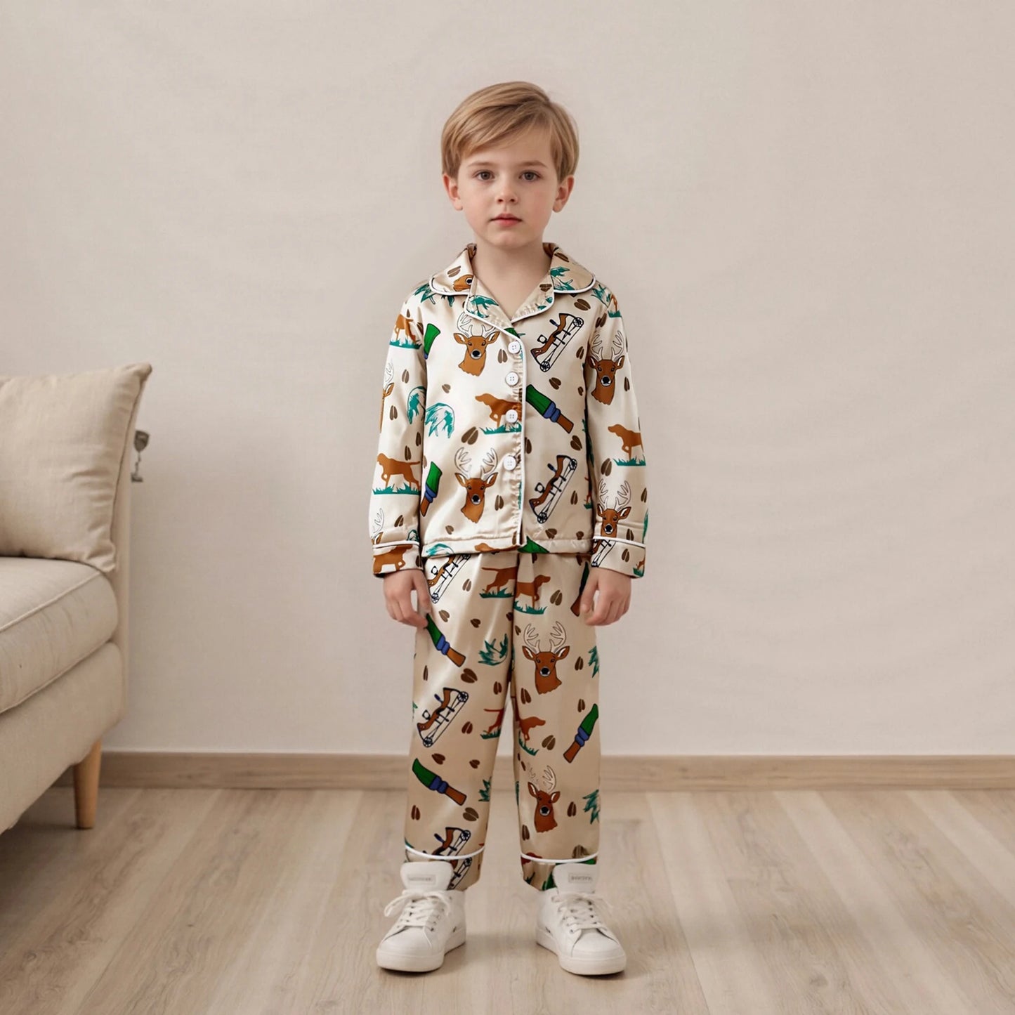 2Pcs Hunting Pajamas Sets for Toddler Boy Long Sleeve Button Down Lapel V Neck Tops with Elastic Waist Pants Nightwear