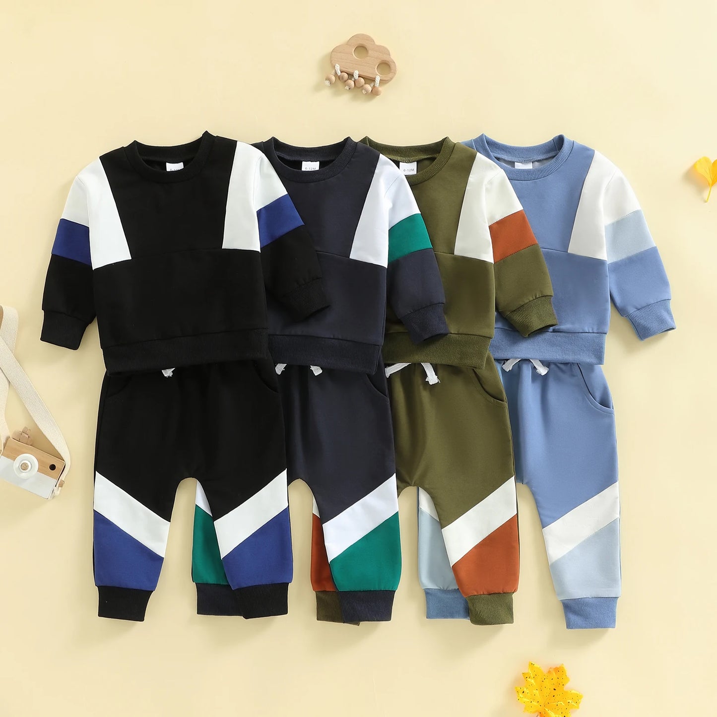 2Pcs Toddler Boy Fall Outfits Long Sleeve Crew Neck Patchwork Pullover Sweatshirt and Joggers Pants Set
