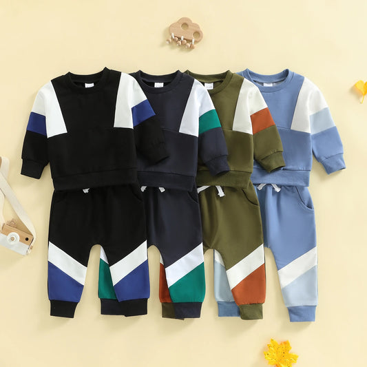 2Pcs Toddler Boy Fall Outfits Long Sleeve Crew Neck Patchwork Pullover Sweatshirt and Joggers Pants Set