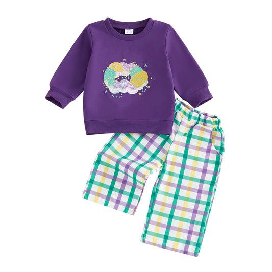 Toddler Baby Mardi Gras Outfits Embroidery Long Sleeve Round Neck Pullover Elastic Waist Plaid Pants 2 Pcs Set