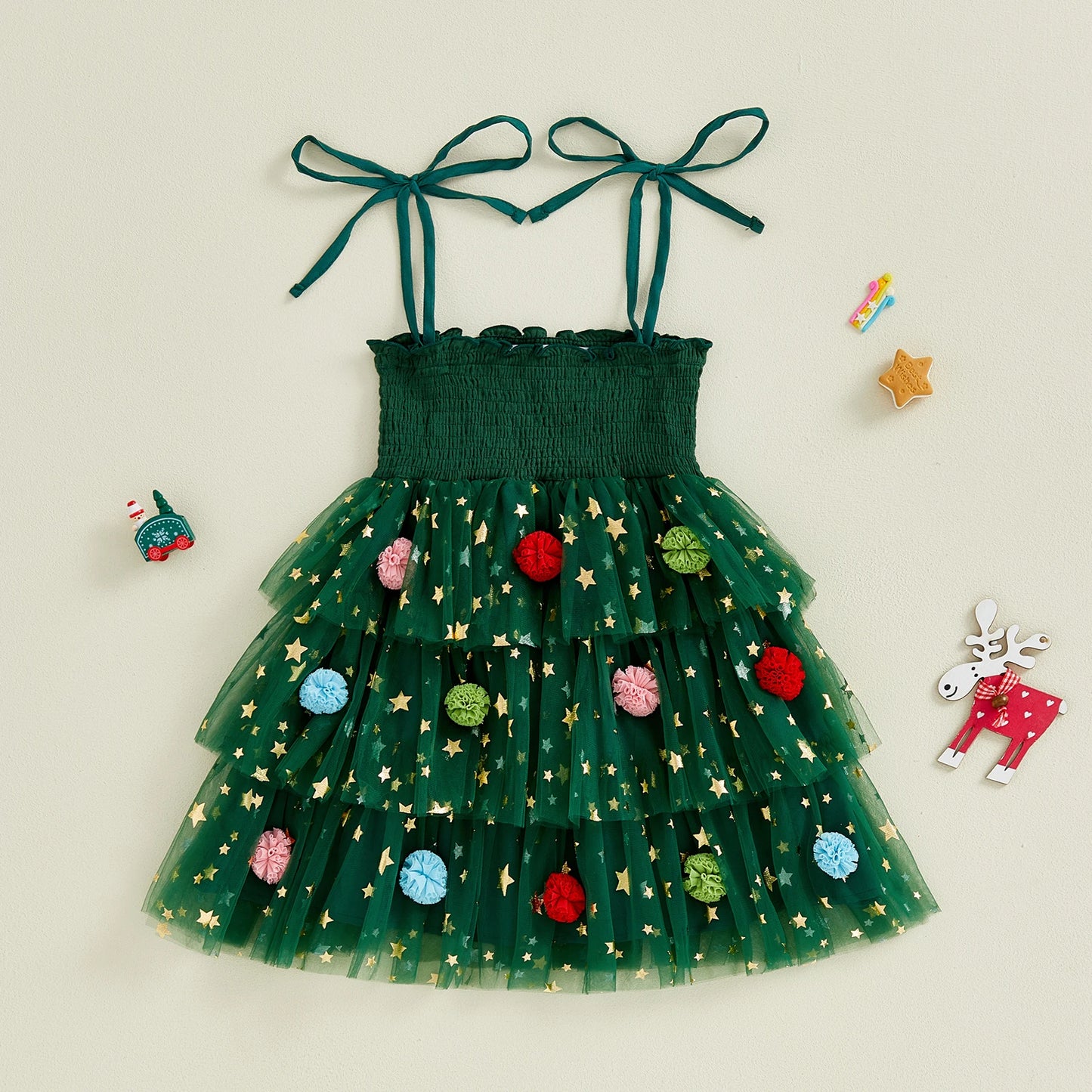 Toddler Girl Christmas A Line Dress Star Print Sleeveless Tie-up Strap Smocked Tulle Cake Dress