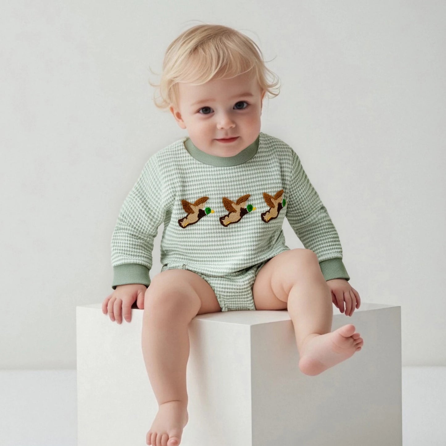 Newborn Baby Boy Romper Long Sleeve Round Neck Duck Embroidery Bodysuit Fall Playsuit