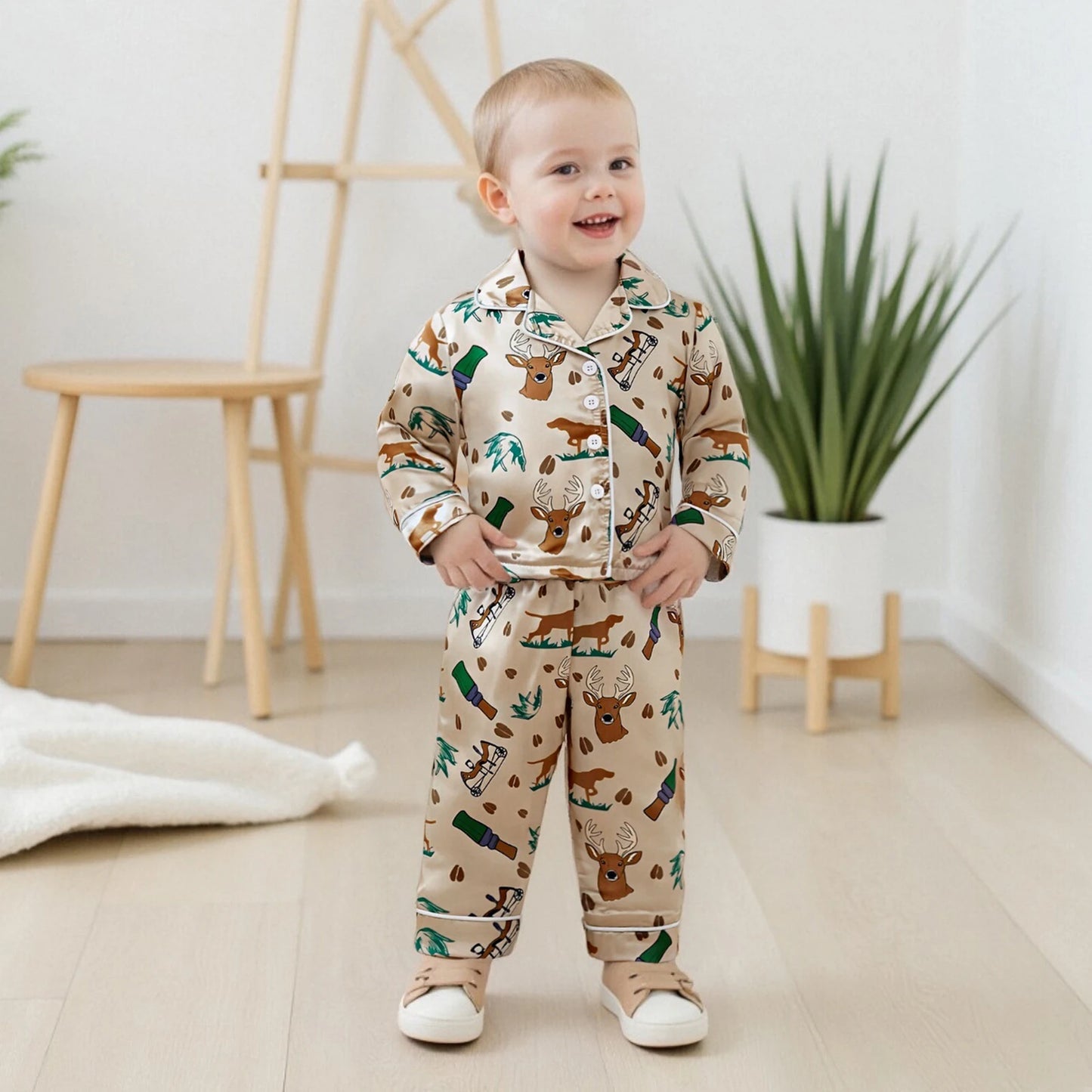 2Pcs Hunting Pajamas Sets for Toddler Boy Long Sleeve Button Down Lapel V Neck Tops with Elastic Waist Pants Nightwear