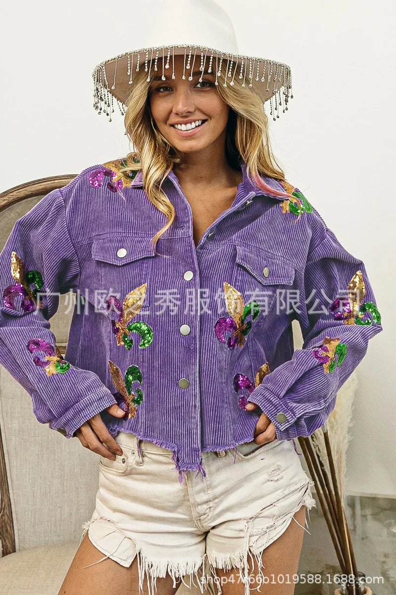 Corduroy Women Mardi Gras Jacket Iris Glitter Cardigan Purple Lapels Single Breasted Spliced Women's Coat Jackets