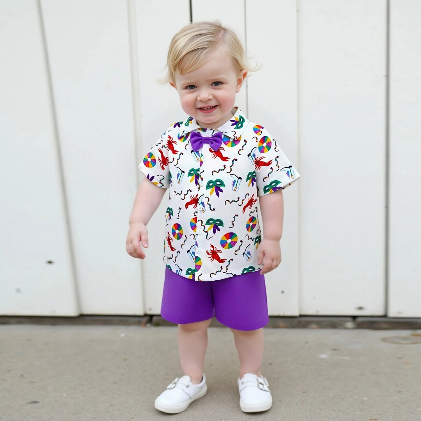 Toddler Boy Mardi Gras Outfit Facewear Print Short Sleeve Bowtie Shirt Solid Elastic Waist Shorts 2 Piece Gentleman Set