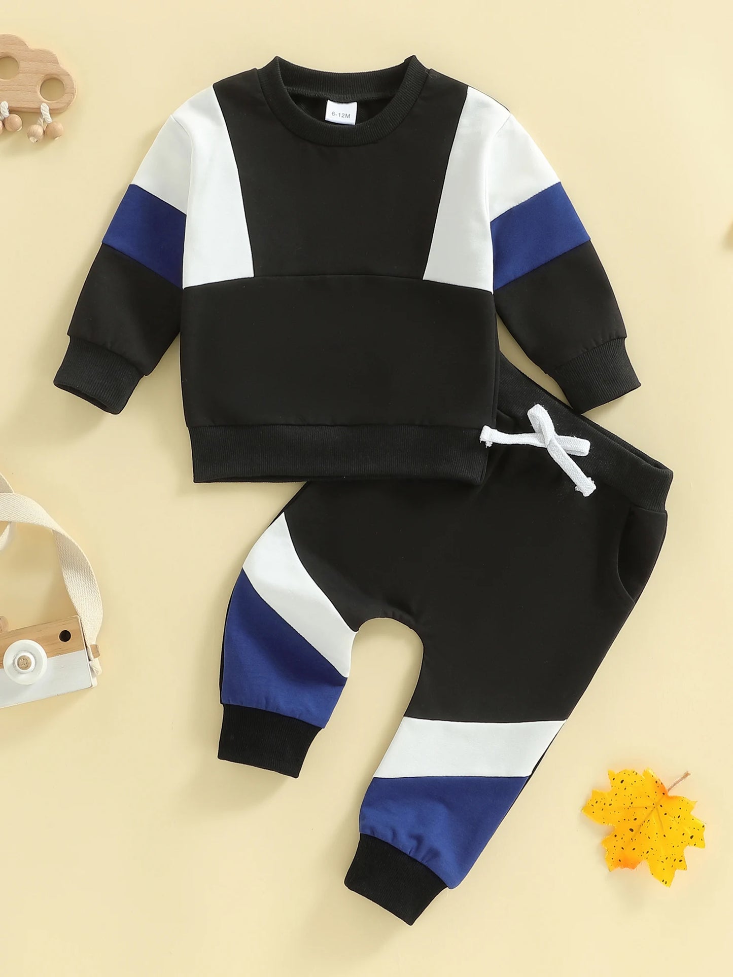 2Pcs Toddler Boy Fall Outfits Long Sleeve Crew Neck Patchwork Pullover Sweatshirt and Joggers Pants Set