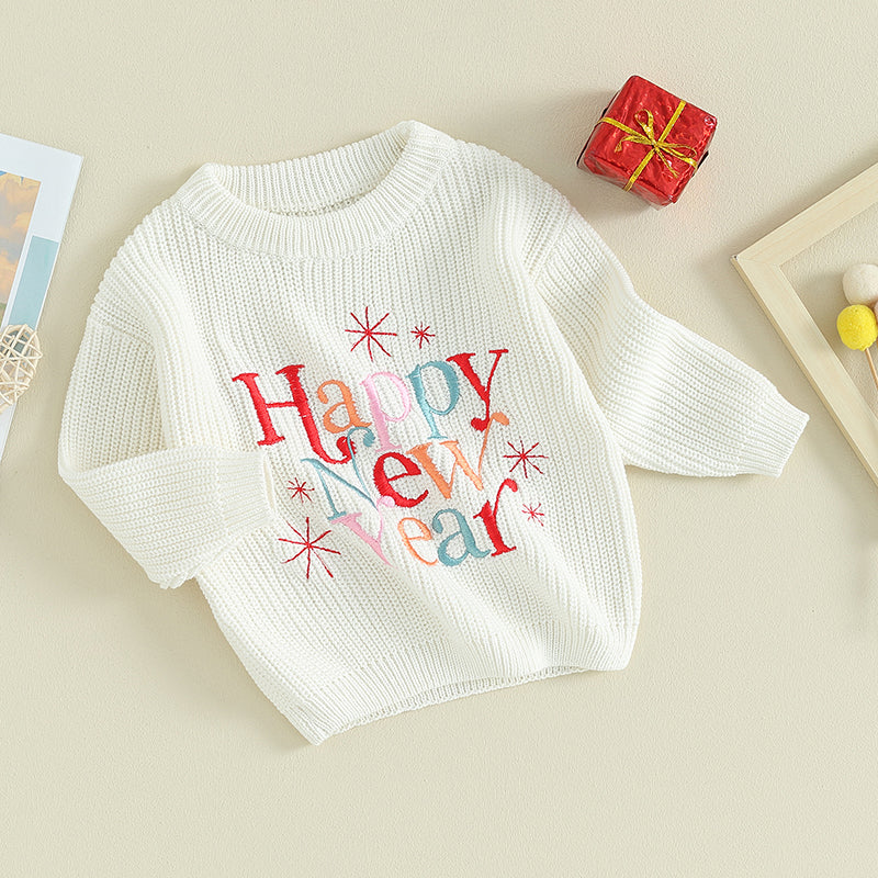 Baby Boy Girl New Year Outfit Long Sleeve Crewneck Letter Embroidery Sweater Tops Infant Winter Clothes