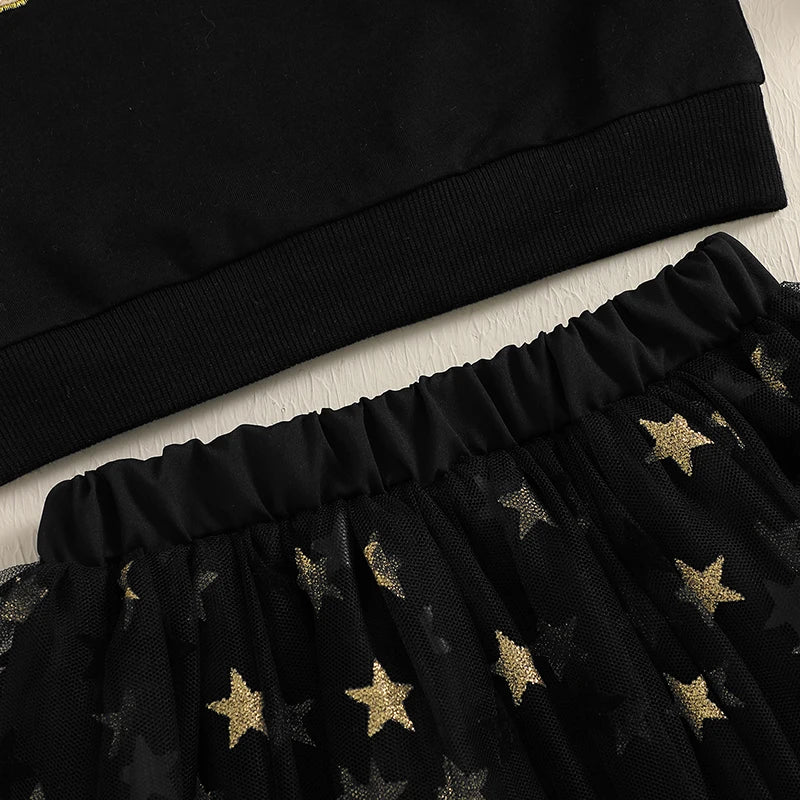Toddler Kids Girl New Year Skirt Outfit Letter Embroidery Long Sleeve Sweatshirt Glitter Star Print Tulle Skirt Clothing Set