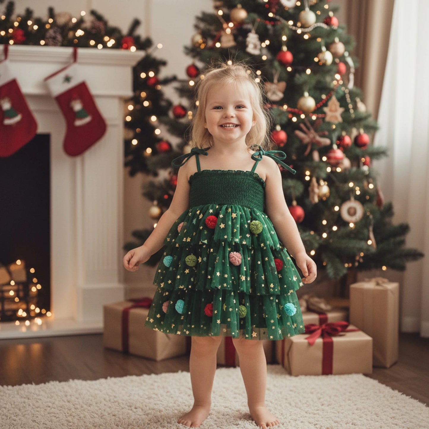 Toddler Girl Christmas A Line Dress Star Print Sleeveless Tie-up Strap Smocked Tulle Cake Dress