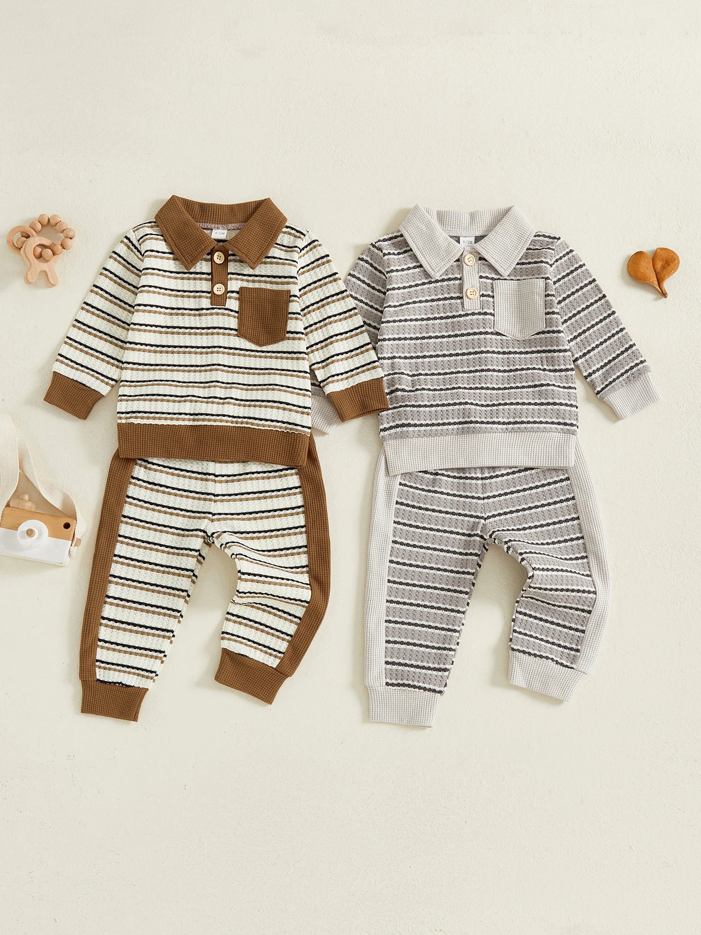 Toddler Boy Fall Outfits Stripe Long Sleeve Lapel Button Pullover + Elastic Waist Pants 2Pcs Set