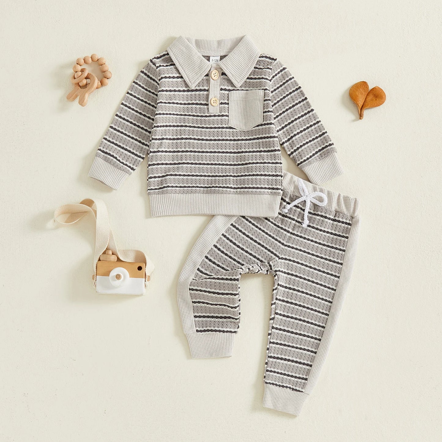 Toddler Boy Fall Outfits Stripe Long Sleeve Lapel Button Pullover + Elastic Waist Pants 2Pcs Set