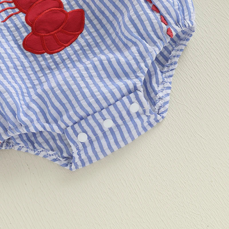 Toddler Baby Boys Summer Overalls Casual Lobster Embroidery Striped Print Sleeveless Jumpsuit Cute Clothes