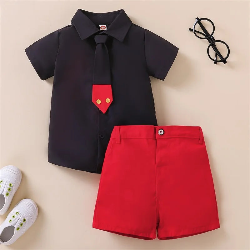 2 Pieces Kids Suit Set Summer Lapel Short Sleeve Shirt with Necktie Short Pants for Boys 1-8 Years
