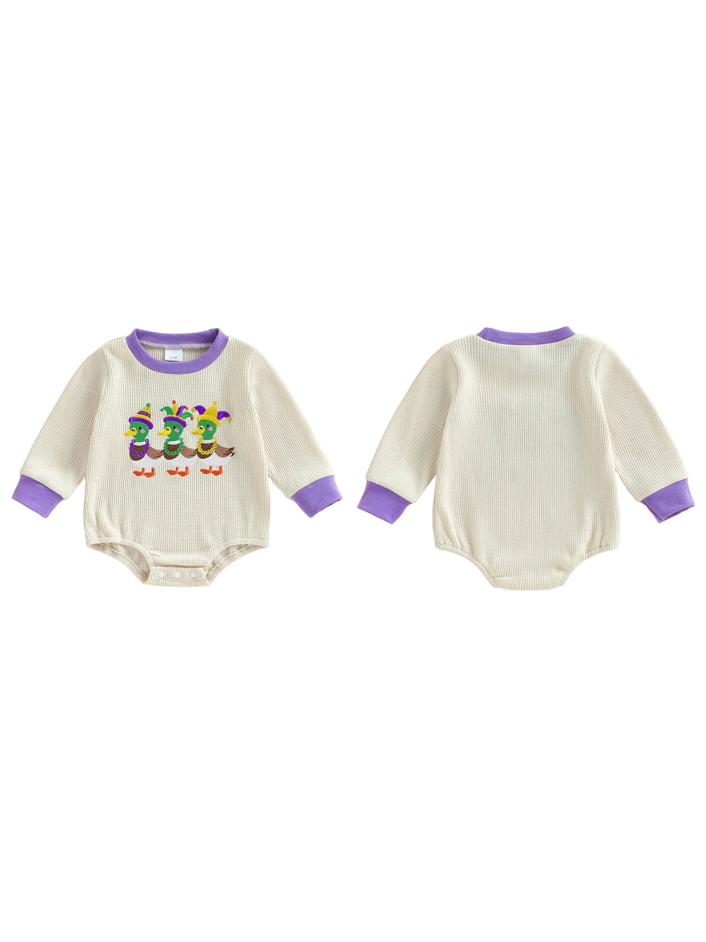 Embroidery Mardi Gras jumpsuit Infant Long Sleeve Crewneck Duck Embroidery Mardi Gras Romper