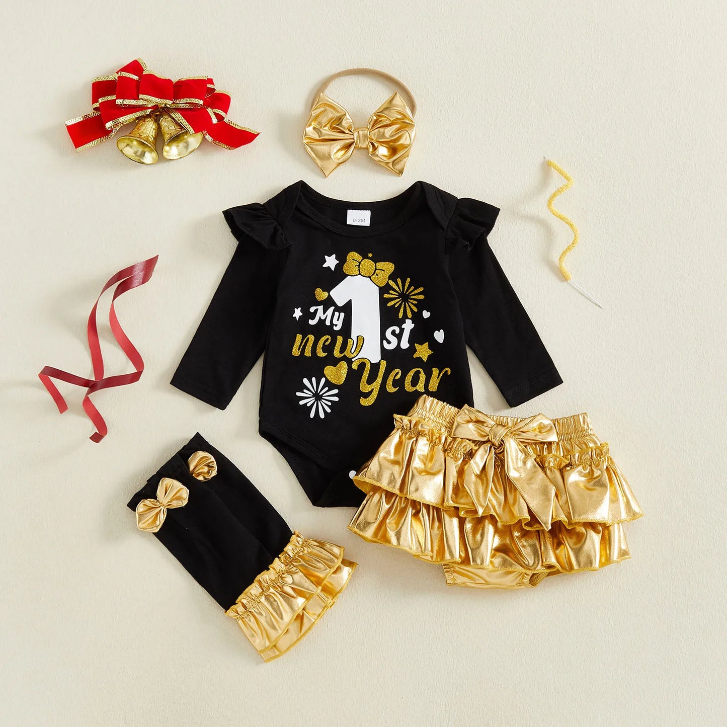 Baby Girl New Year Outfits Letter Long Sleeve Romper Metallic Luster Tiered Shorts Bow Headband Leg Warmer