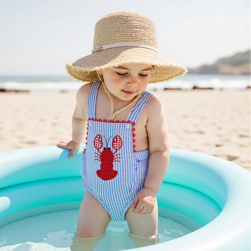 Toddler Baby Boys Summer Overalls Casual Lobster Embroidery Striped Print Sleeveless Jumpsuit Cute Clothes