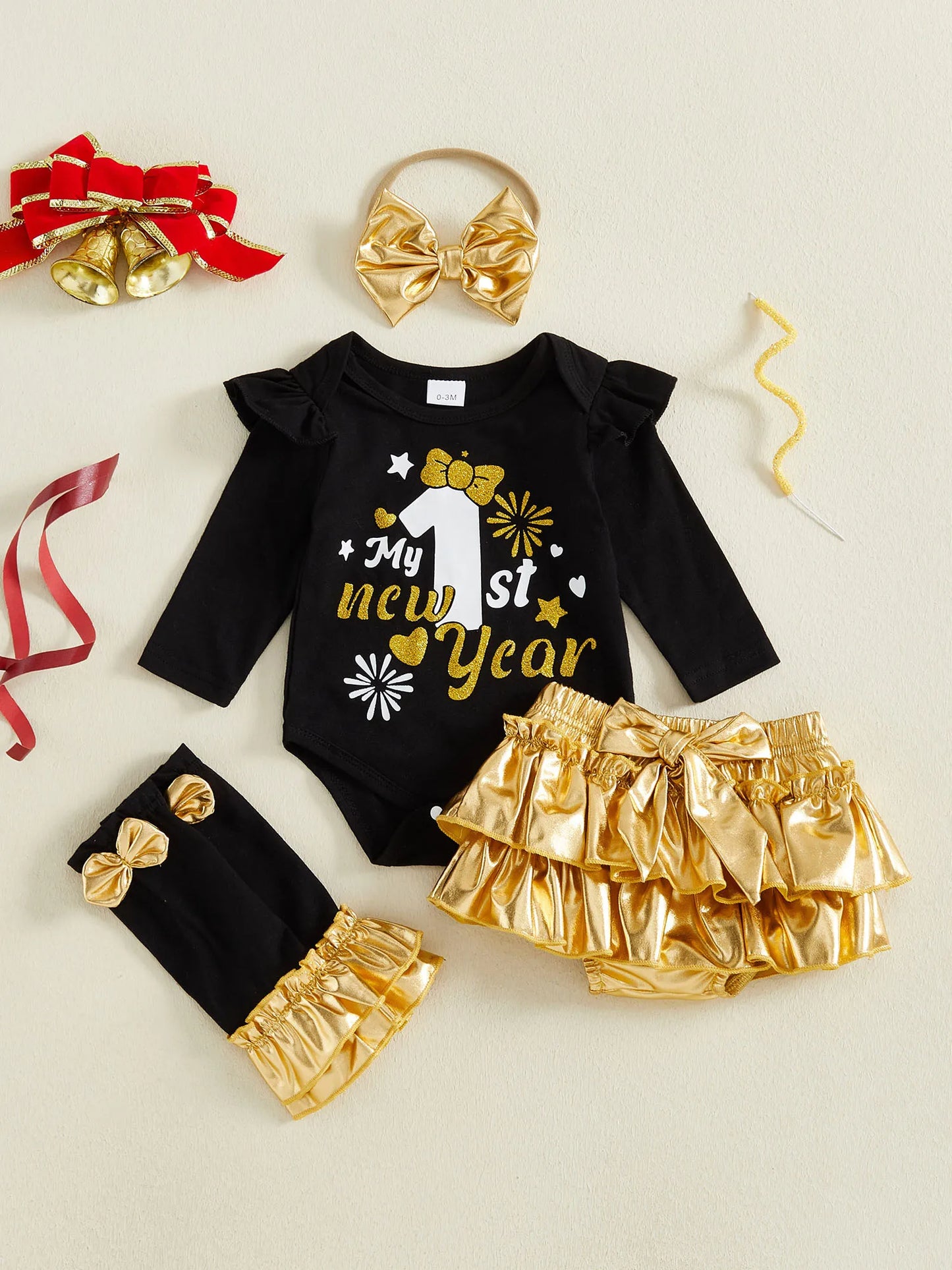 Baby Girl New Year Outfits Letter Long Sleeve Romper Metallic Luster Tiered Shorts Bow Headband Leg Warmer