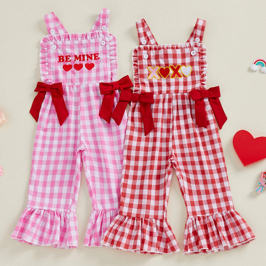 Toddler Girl Valentine's Day Overalls Letter Heart Embroidery Ruffled Hems Cute Girl Plaid Romper