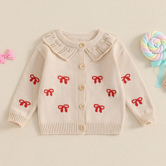 Valentine's Day Toddler Girls Fall Knit Cardigans Embroidery Bow Pattern Button Down Long Sleeve Crew Neck Baby Sweater Jackets