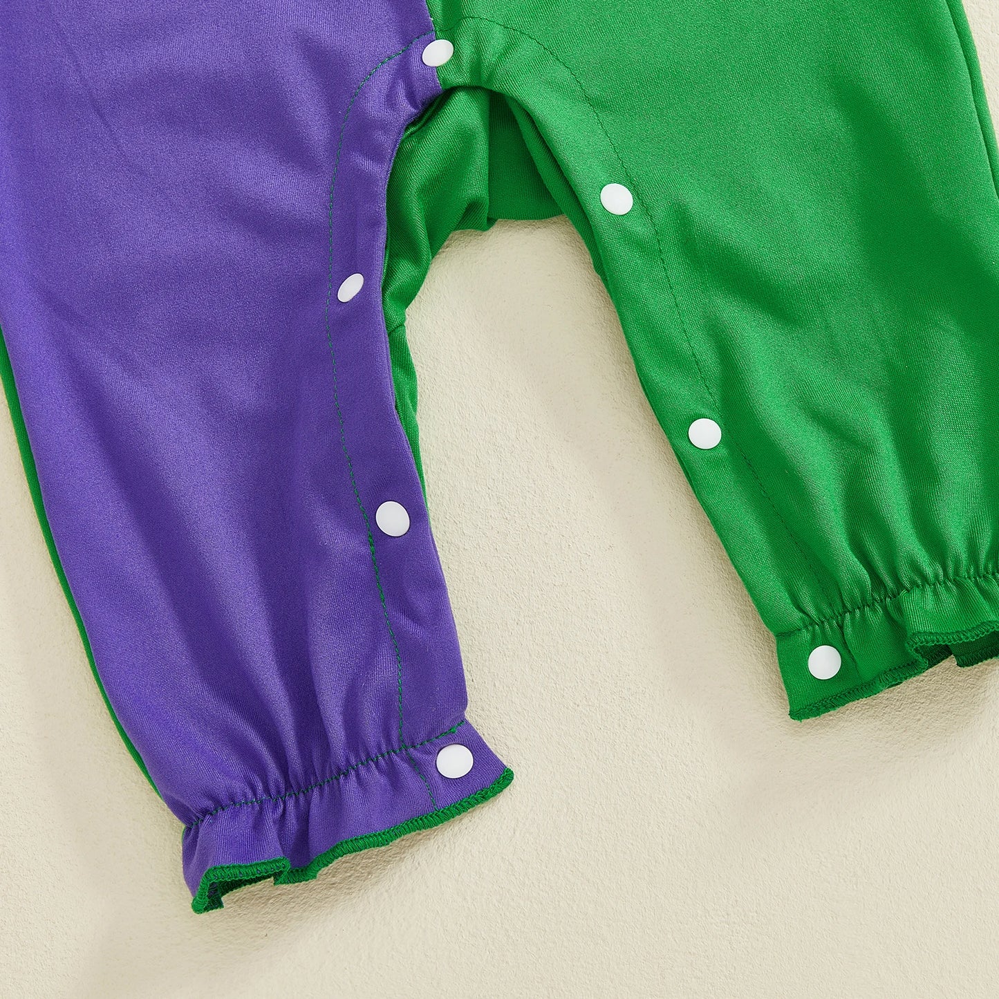 Mardi Gras Themed Romper Contrast Color Ruffled Neckline Long Sleeve Facewear Print Jumpsuit