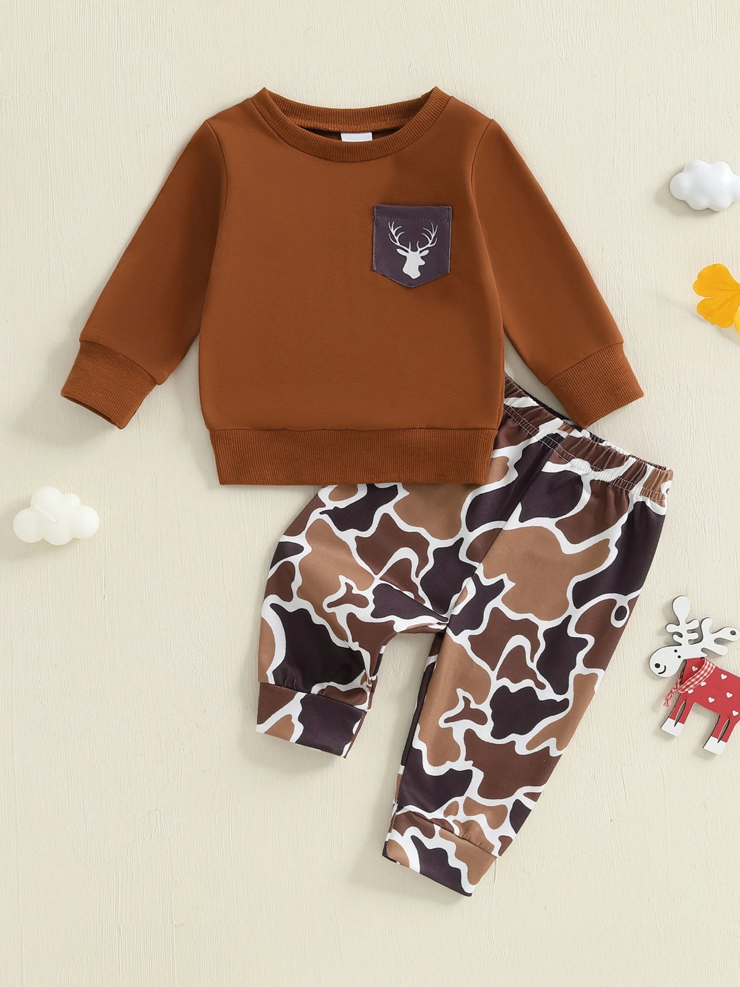 Baby Boy Fall Outfit Long Sleeve Sweatshirt and Elastic Camouflage Print Pants 2 Piece Clothes for Toddler